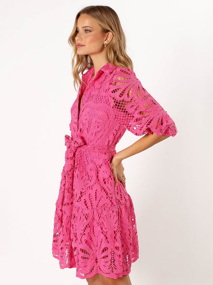 Cocktail Dresses - Floral Lace Overlay Shirt Dress with Belt