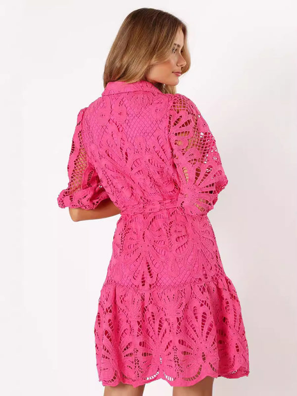 Cocktail Dresses - Floral Lace Overlay Shirt Dress with Belt