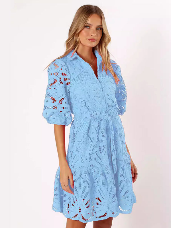 Cocktail Dresses - Floral Lace Overlay Shirt Dress with Belt