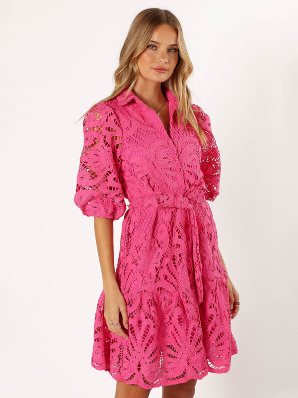 Cocktail Dresses - Floral Lace Overlay Shirt Dress with Belt