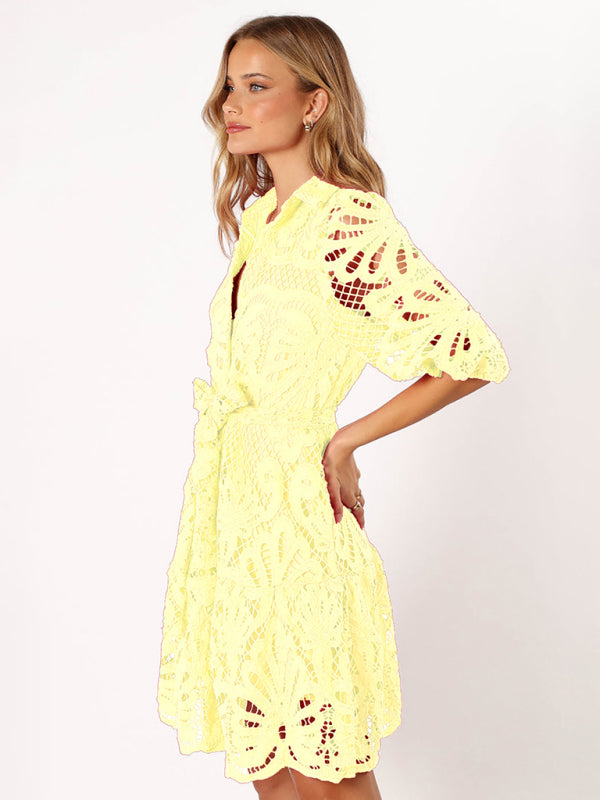 Cocktail Dresses - Floral Lace Overlay Shirt Dress with Belt