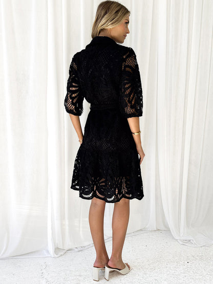 Cocktail Dresses - Floral Lace Overlay Shirt Dress with Belt