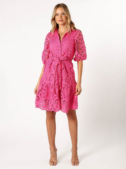 Cocktail Dresses - Floral Lace Overlay Shirt Dress with Belt