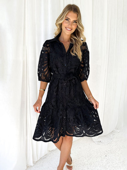 Cocktail Dresses - Floral Lace Overlay Shirt Dress with Belt