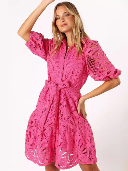 Cocktail Dresses - Floral Lace Overlay Shirt Dress with Belt