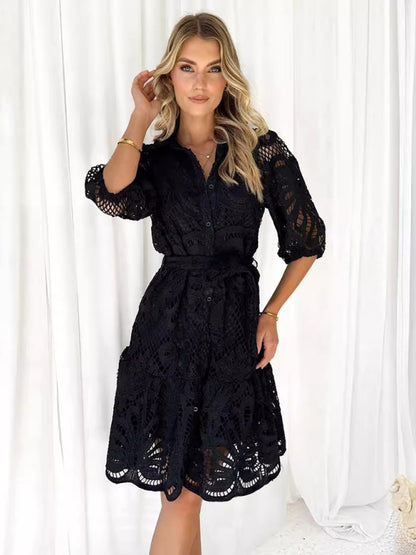 Cocktail Dresses - Floral Lace Overlay Shirt Dress with Belt