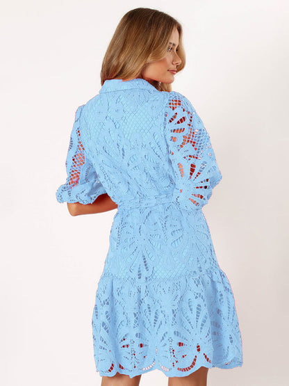 Cocktail Dresses - Floral Lace Overlay Shirt Dress with Belt