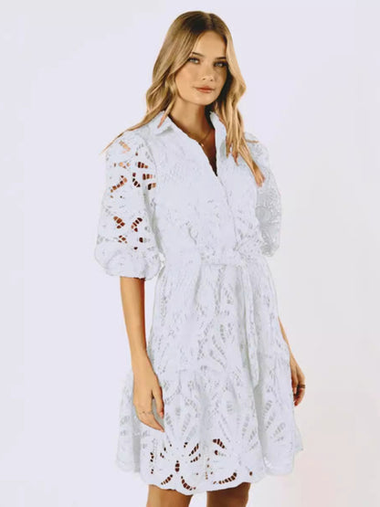 Cocktail Dresses - Floral Lace Overlay Shirt Dress with Belt