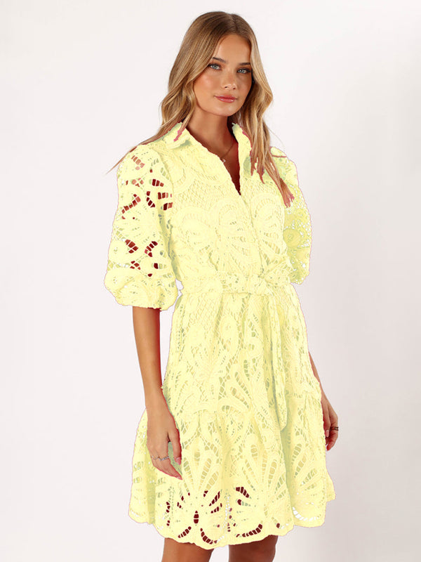 Cocktail Dresses - Floral Lace Overlay Shirt Dress with Belt