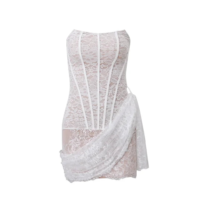 Floral Lace Strapless Mini Dress with Tail for Women's Cocktail