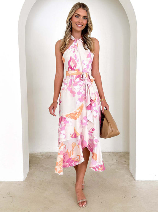 Cocktail Dresses - Floral Print Halter Midi Dress for Summer Cocktails