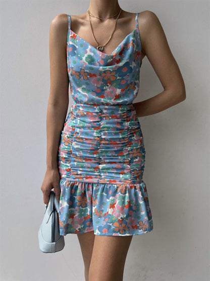 Cocktail Dresses- Floral Ruched Halter Cowl Dress for Summer Cocktails- - Pekosa Women Fashion