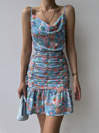 Cocktail Dresses- Floral Ruched Halter Cowl Dress for Summer Cocktails- - Pekosa Women Fashion