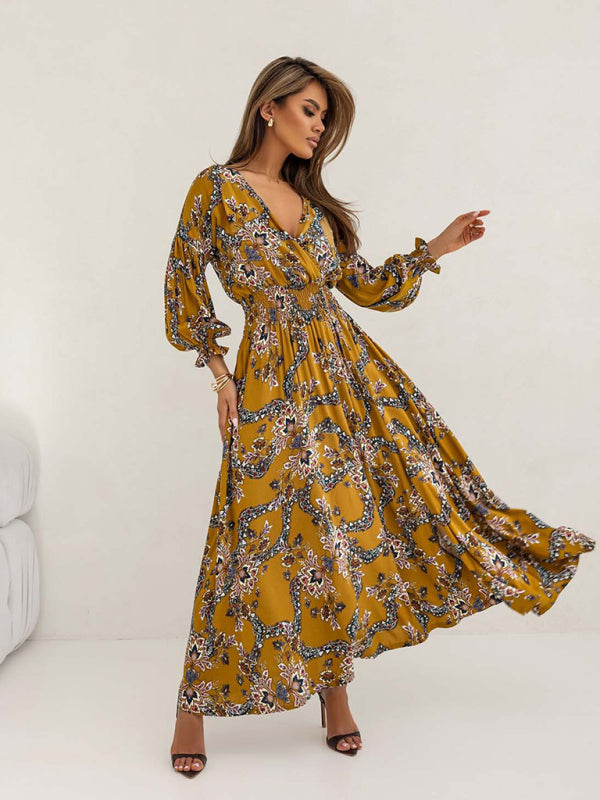 Cocktail Dresses - Floral Smocked Waist Maxi Dress for Festivals