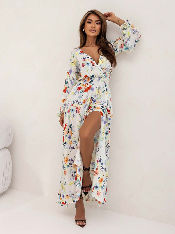 Cocktail Dresses - Floral Smocked Waist Maxi Dress for Festivals