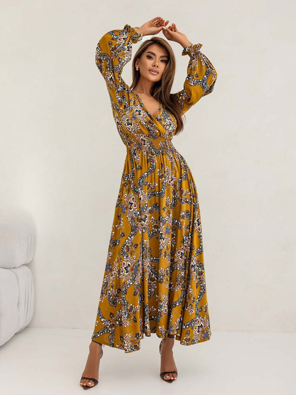 Cocktail Dresses - Floral Smocked Waist Maxi Dress for Festivals