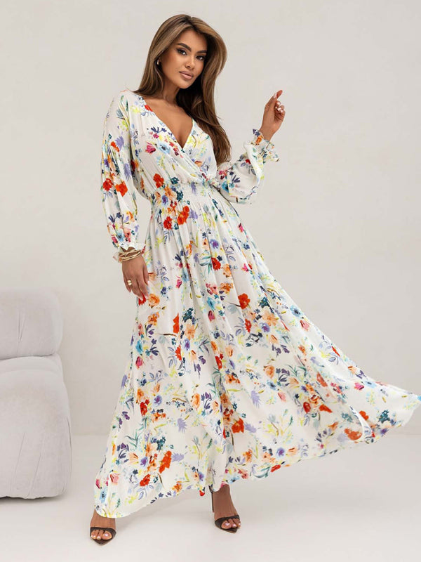 Cocktail Dresses - Floral Smocked Waist Maxi Dress for Festivals