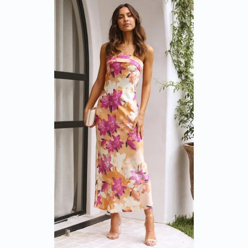 Cocktail Dresses- Floral Strapless Midi Dress for Weddings and Beach Parties- XL S L M- Pekosa Women Fashion