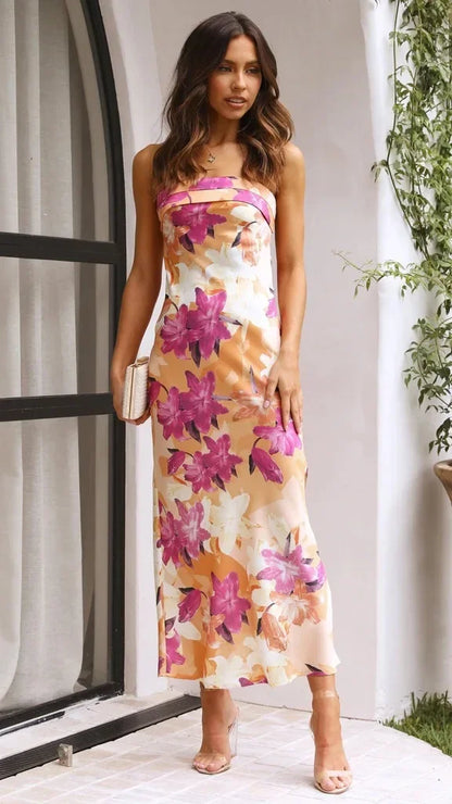 Cocktail Dresses- Floral Strapless Midi Dress for Weddings and Beach Parties- - Pekosa Women Fashion