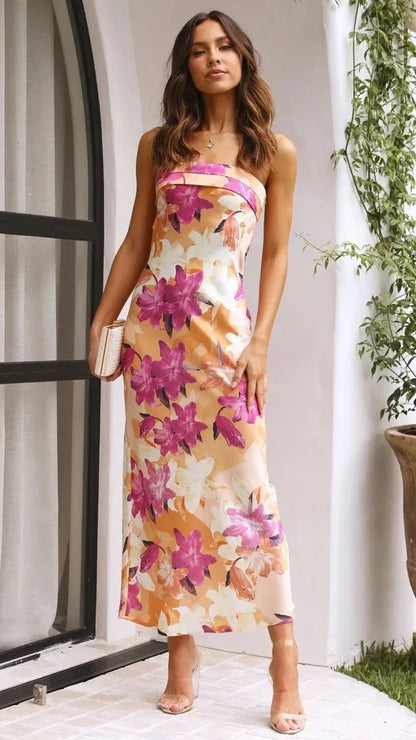 Cocktail Dresses- Floral Strapless Midi Dress for Weddings and Beach Parties- - Pekosa Women Fashion