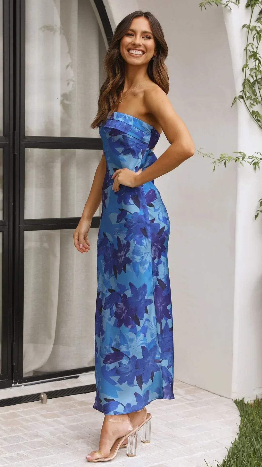 Cocktail Dresses- Floral Strapless Midi Dress for Weddings and Beach Parties- - Pekosa Women Fashion