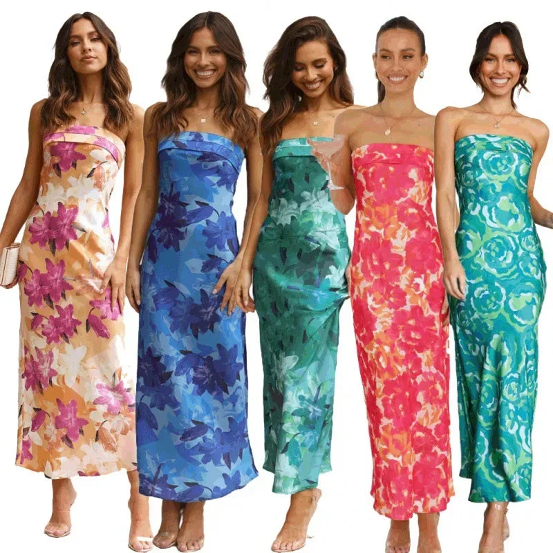 Cocktail Dresses- Floral Strapless Midi Dress for Weddings and Beach Parties- - Pekosa Women Fashion