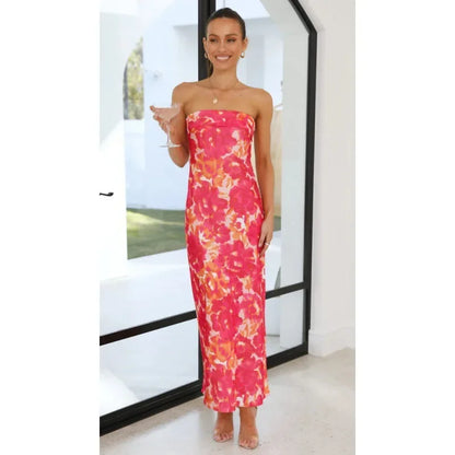 Cocktail Dresses- Floral Strapless Midi Dress for Weddings and Beach Parties- M XL L S- Pekosa Women Fashion