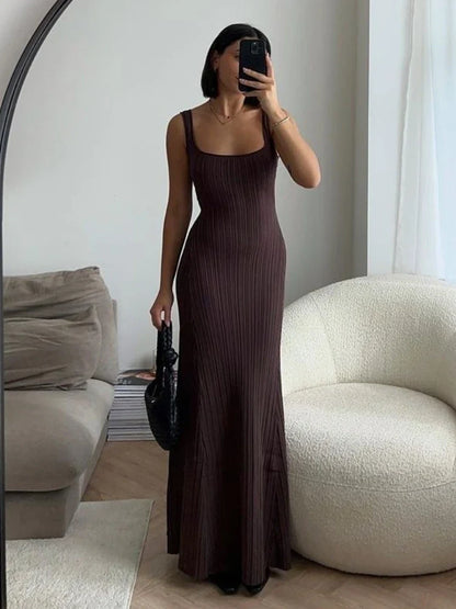 Cocktail Dresses- Full-Length Ribbed Dress for Special Occasions- Coffee- Pekosa Women Fashion