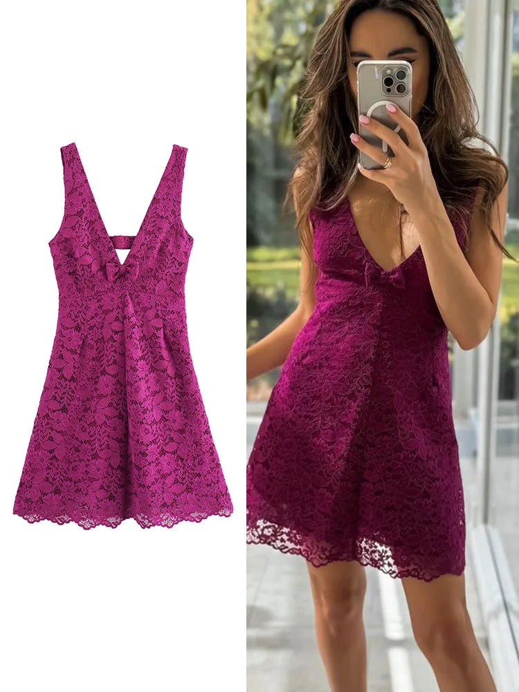 Cocktail Dresses- Romance V-neck Lace Mini Dress for Cocktails- - Chuzko Women Clothing