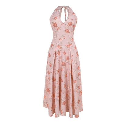 Cocktail Dresses - Romantic Floral Halter Midi Dress for Cocktails