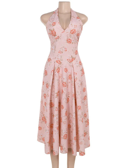 Cocktail Dresses - Romantic Floral Halter Midi Dress for Cocktails