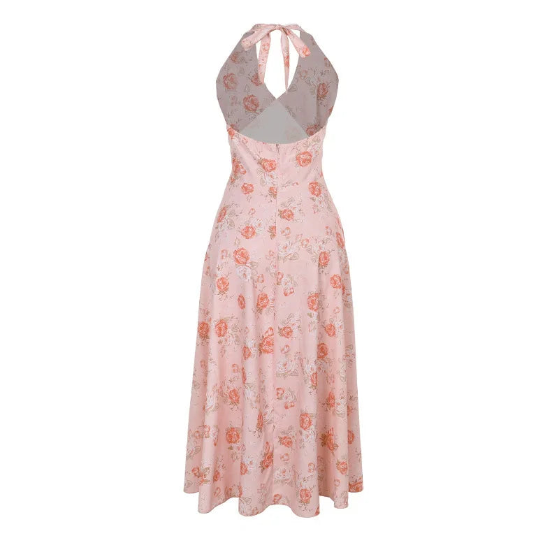 Cocktail Dresses - Romantic Floral Halter Midi Dress for Cocktails