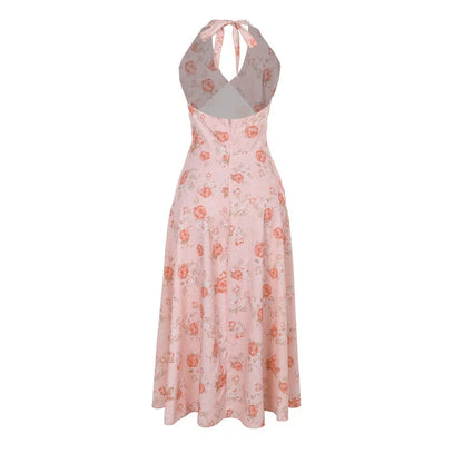 Cocktail Dresses - Romantic Floral Halter Midi Dress for Cocktails