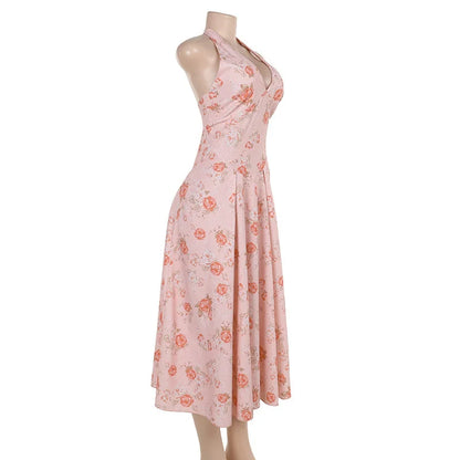 Cocktail Dresses - Romantic Floral Halter Midi Dress for Cocktails