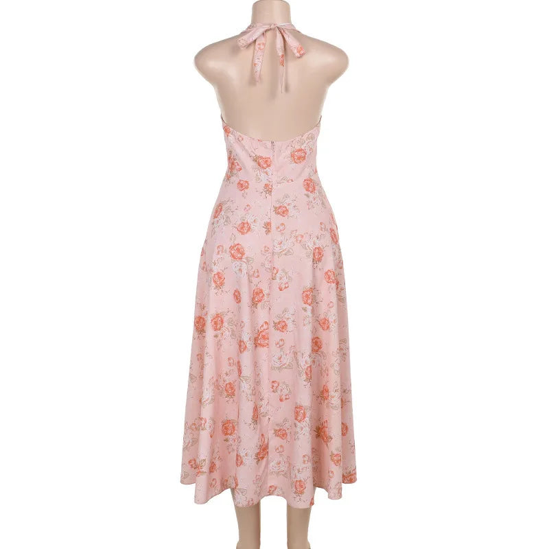 Cocktail Dresses - Romantic Floral Halter Midi Dress for Cocktails