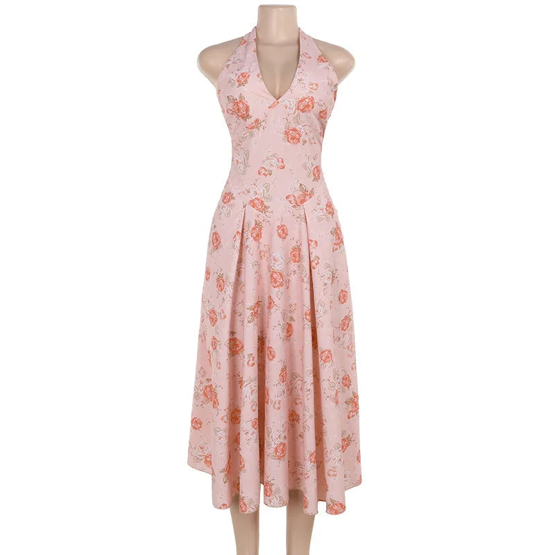 Cocktail Dresses - Romantic Floral Halter Midi Dress for Cocktails