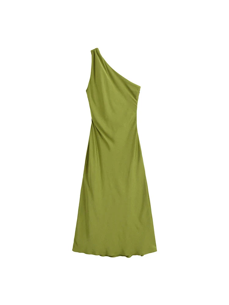 Cocktail Dresses- Knot-Back Asymmetric Cocktail Dress in Satin Silk- Olive Green- Pekosa Women Fashion