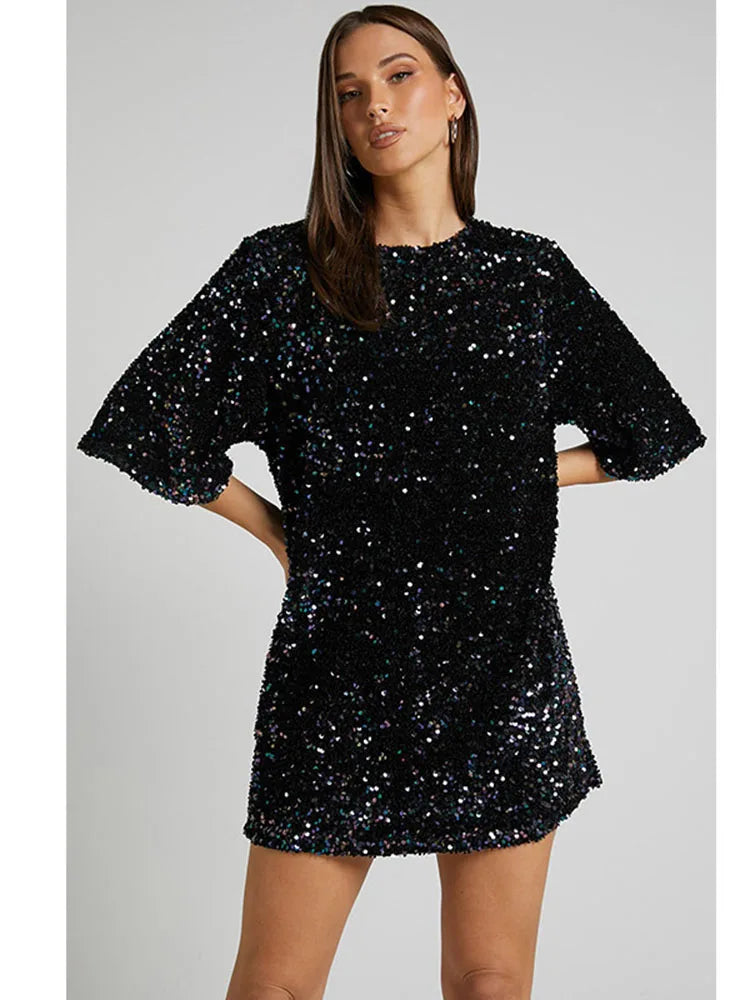 Cocktail Dresses- Sequined Tunic Mini Dress for Holiday Parties- Black- Pekosa Women Fashion