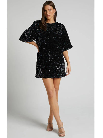 Cocktail Dresses- Sequined Tunic Mini Dress for Holiday Parties- - Pekosa Women Fashion