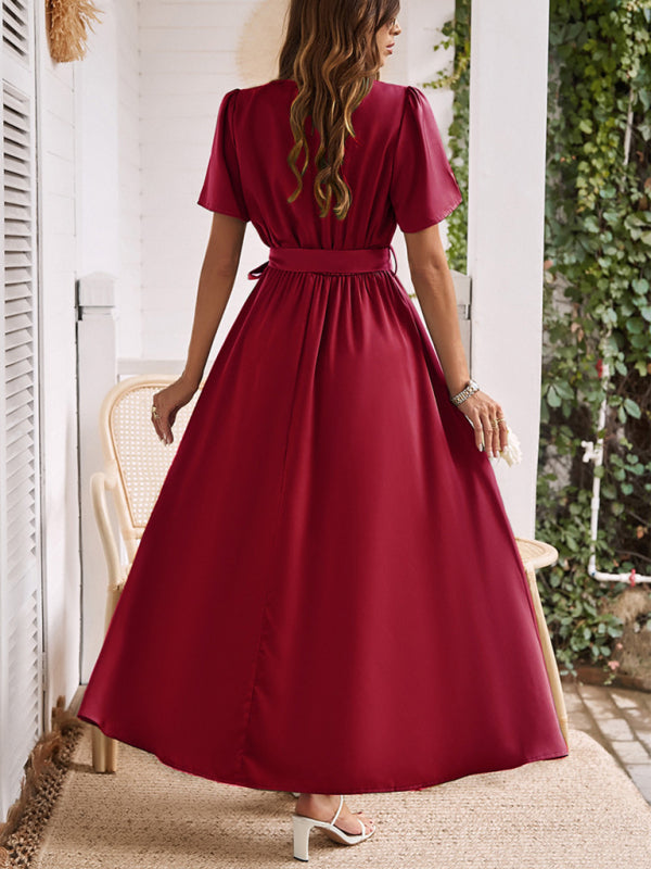 Cocktail Dresses- Solid A-Line Dress with Flared Sleeves for Wedding Guests- - Pekosa Women Fashion