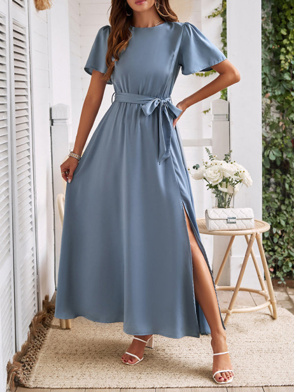 Cocktail Dresses- Solid A-Line Dress with Flared Sleeves for Wedding Guests- - Pekosa Women Fashion