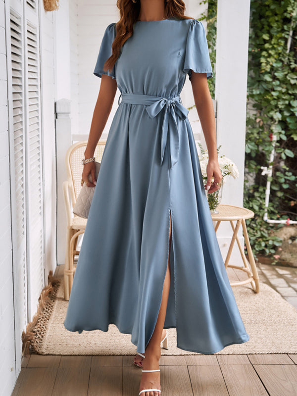 Cocktail Dresses- Solid A-Line Dress with Flared Sleeves for Wedding Guests- - Pekosa Women Fashion