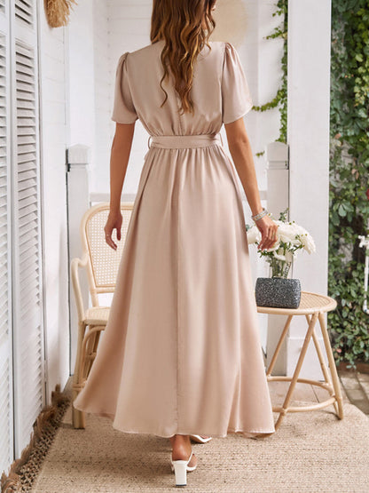 Cocktail Dresses- Solid A-Line Dress with Flared Sleeves for Wedding Guests- - Pekosa Women Fashion