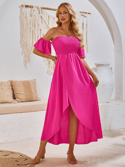 Cocktail Dresses- Textured Off-Shoulder High-Low Dress for Cocktail Parties- Rose- Pekosa Women Fashion