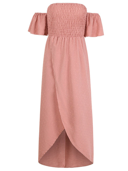 Cocktail Dresses- Textured Off-Shoulder High-Low Dress for Cocktail Parties- - Pekosa Women Fashion