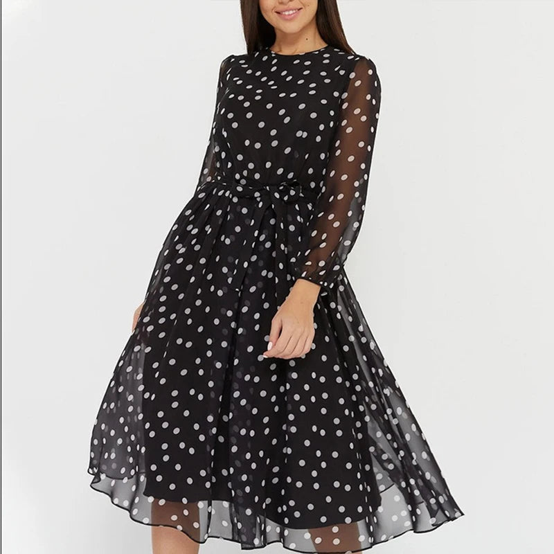 Cocktail Dresses- Timeless Polka Dot Midi Dress with Belt