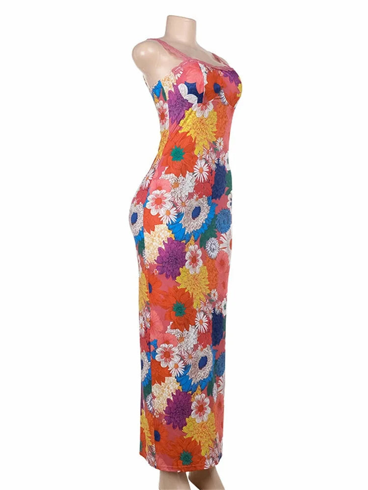 Cocktail Dresses- Vibrant Floral Body-Hugging Party Midi Dress- - Pekosa Women Fashion