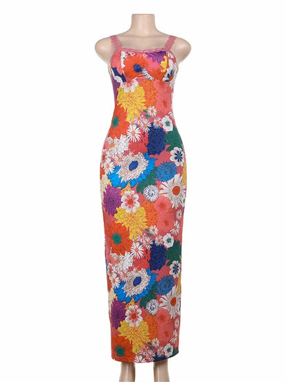 Cocktail Dresses- Vibrant Floral Body-Hugging Party Midi Dress- - Pekosa Women Fashion