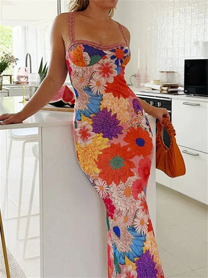 Cocktail Dresses- Vibrant Floral Body-Hugging Party Midi Dress- - Pekosa Women Fashion