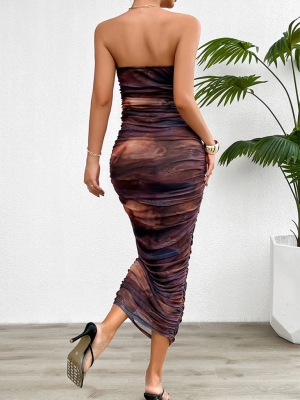 Cocktail Dresses- Women Abstract Fall Print Strapless Dress Elegant for Cocktails- - Chuzko Women Clothing